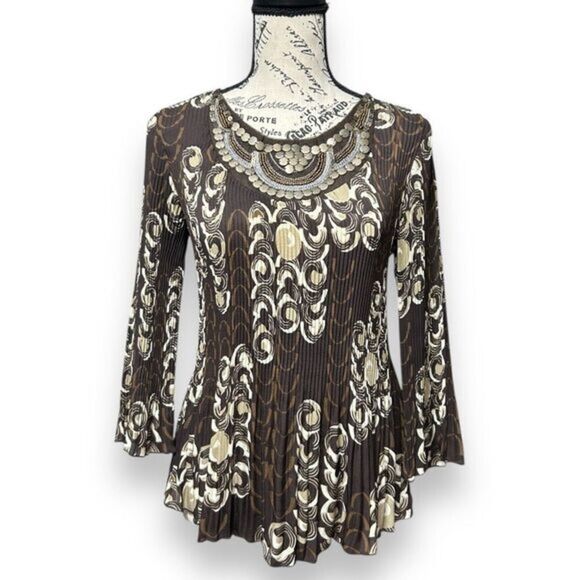 Larry Levine PS Brown Cream Pleated Blouse Metallic Neck Boho Artsy Y2K Hippie - Picture 1 of 10